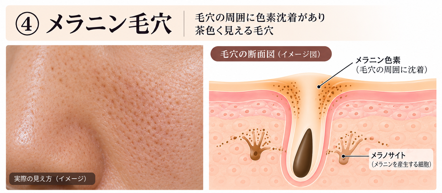 Close-up of pigmented pores on the cheek and a cross-sectional illustration showing pigmentation around pore openings