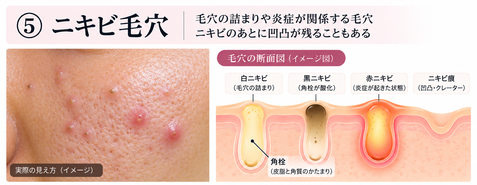 Close-up of acne-affected pores on the cheek and illustrations of whiteheads, blackheads, inflamed acne, and acne scarring